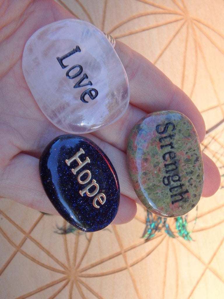 Word Stone Set of 3~ Rose Quartz Love Stone, Unakite Strength Stone, Blue Goldstone Hope Stone - Earth Family Crystals