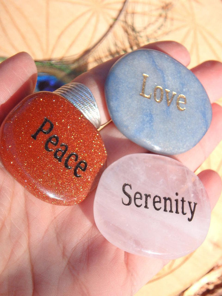 Word Stone Set of 3~ Blue Agate Love Stone, Goldstone Peace Stone, Serenity Rose Quartz Stone - Earth Family Crystals