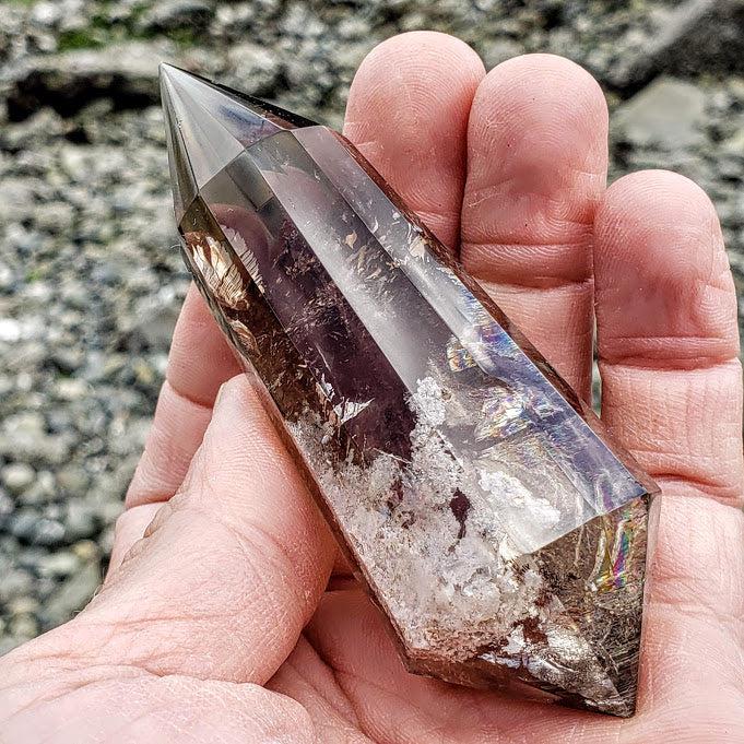 Huge Rainbows & White Chlorite Included Smoky Quartz Vogel Style Wand - Earth Family Crystals