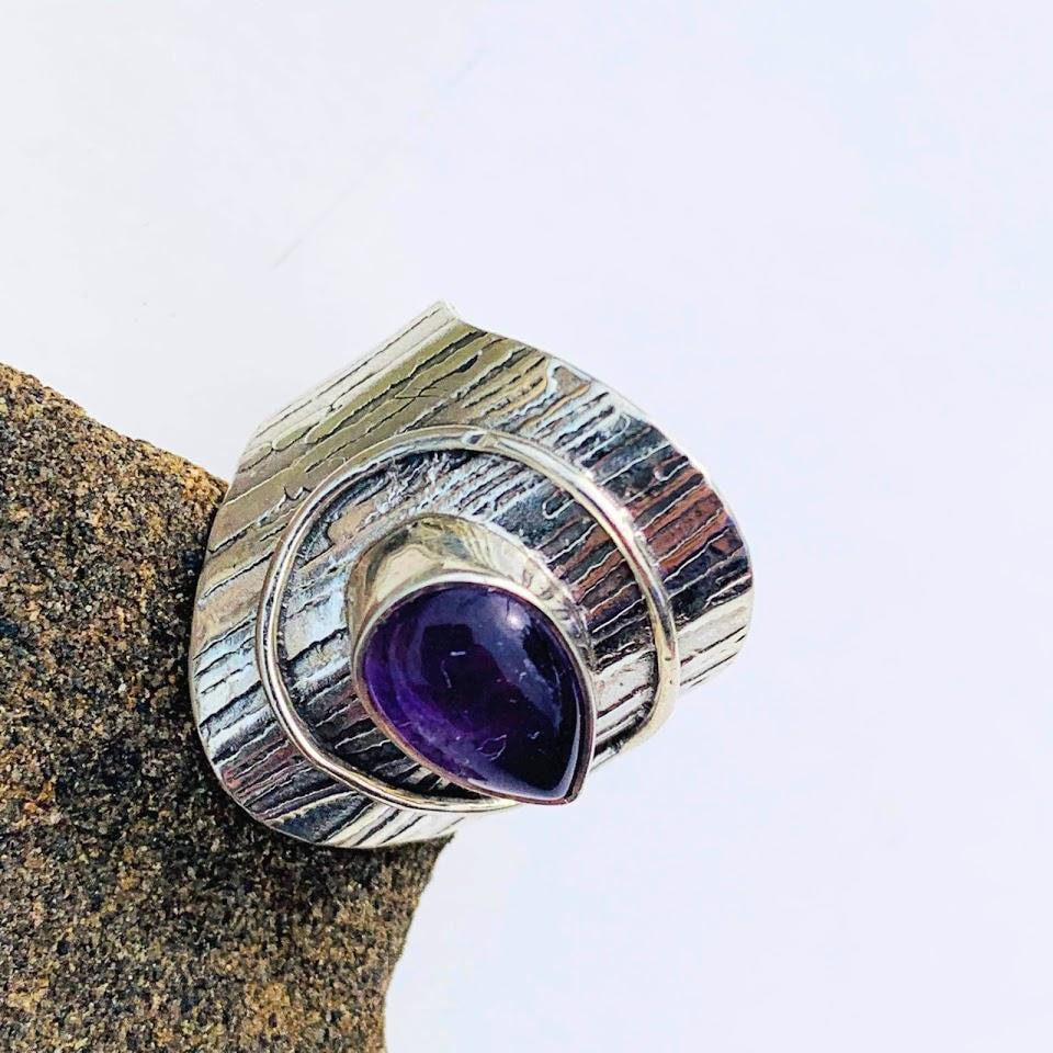 Cute Teardrop Purple Amethyst Sterling Silver Ring (Size 6) - Earth Family Crystals