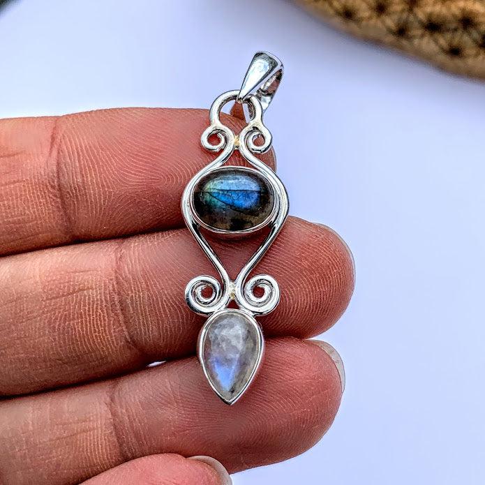 Precious Labradorite & Rainbow Moonstone Pendant in Sterling Silver (Includes Silver Chain) #1 - Earth Family Crystals